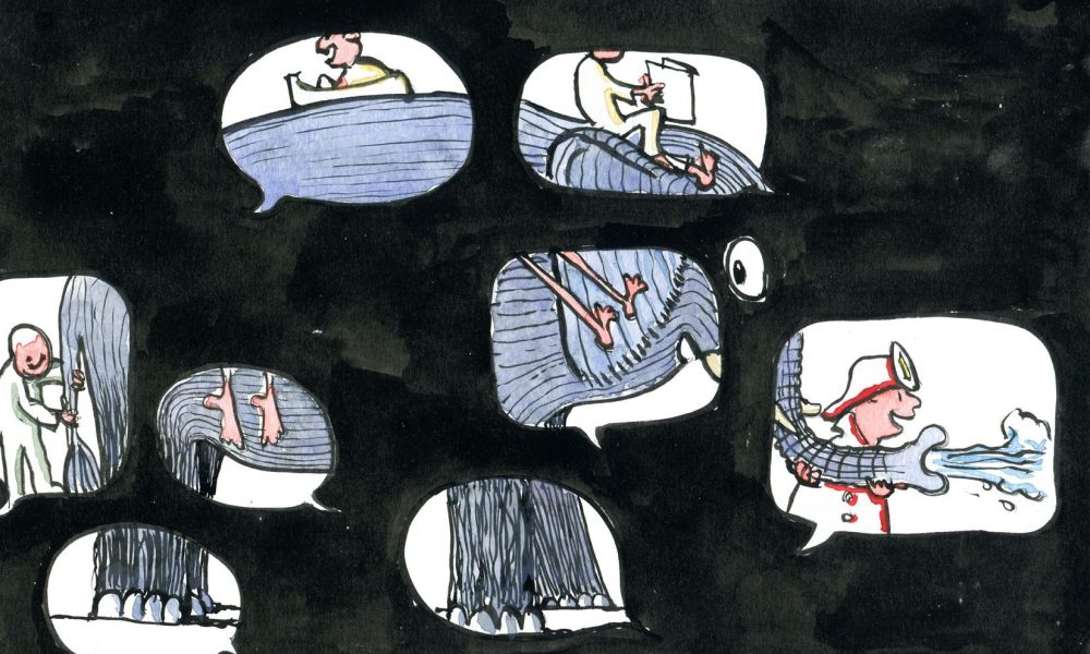 Drawing of an elephant seen through talking bubbles