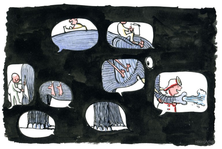 Drawing of an elephant seen through  talking bubbles 