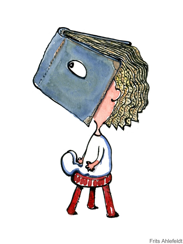 Drawing of a little girl with a book head with hair as pages