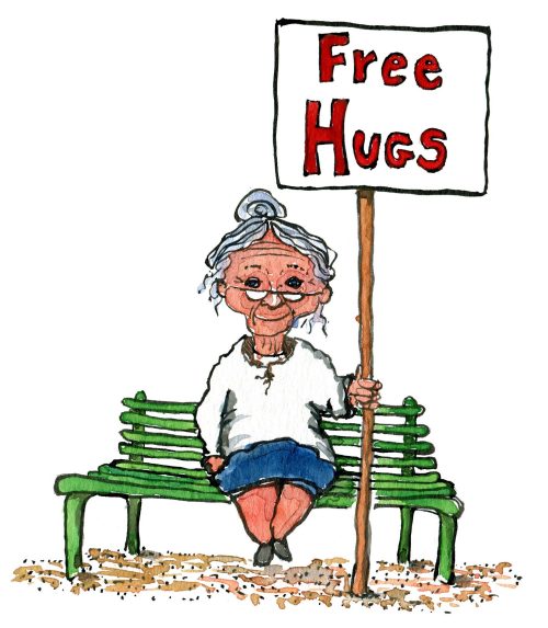 Drawing of an old lady on a bench giving away free hugs