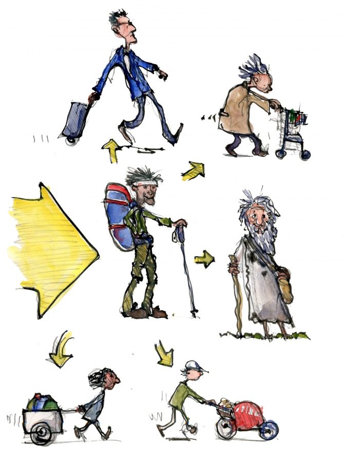 Drawing of different ways to carry luggage with wheels