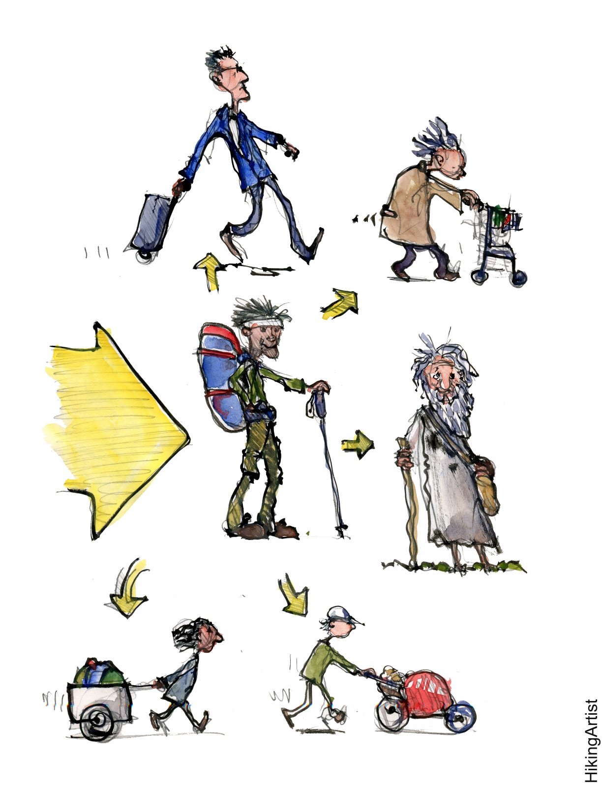 Drawing of different ways to carry luggage with wheels