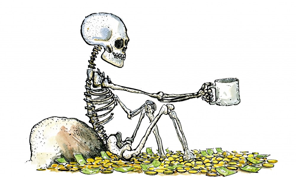 skeleton sitting in money, begging for water
