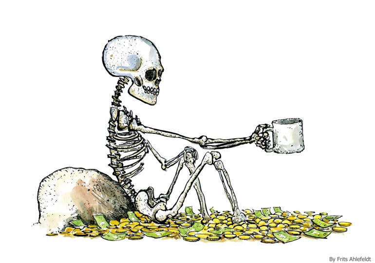 skeleton sitting in money, begging for water