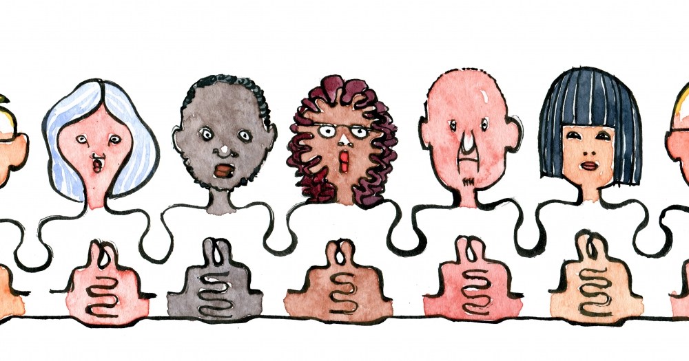 Drawing of a line of people looking serious with folded hands