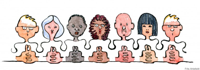 Drawing of a line of people looking serious with folded hands