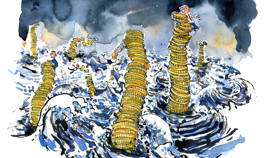 Drawing of stack of coins in high stormy sea