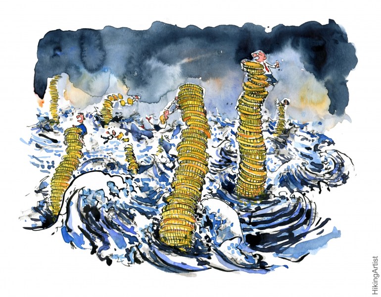 Drawing of stack of coins in high stormy sea