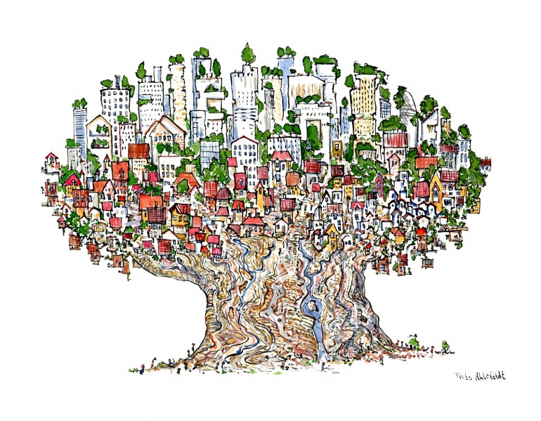 Drawing of a city in a tree