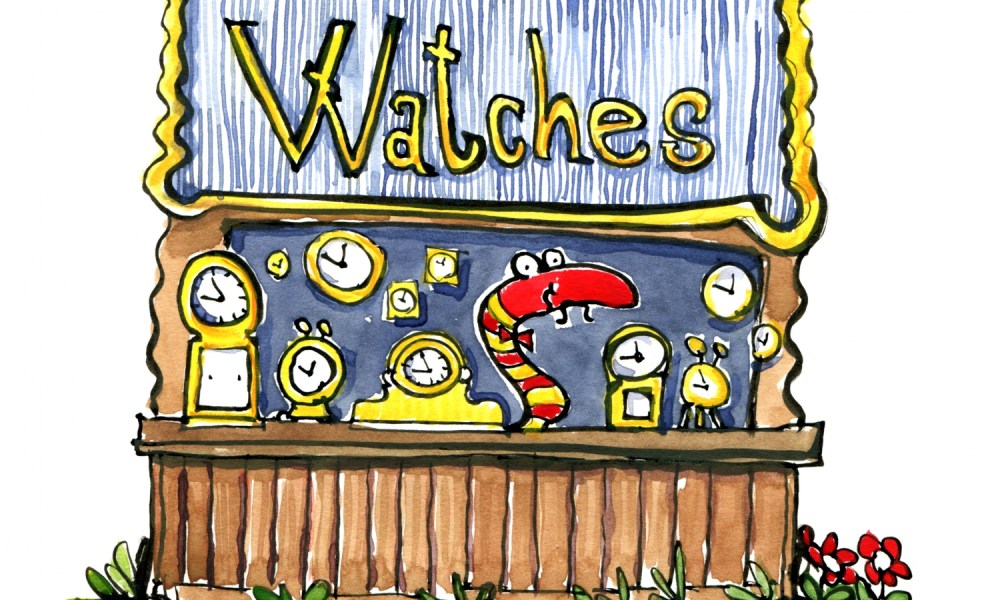 Drawing of a snake in a shop with watches