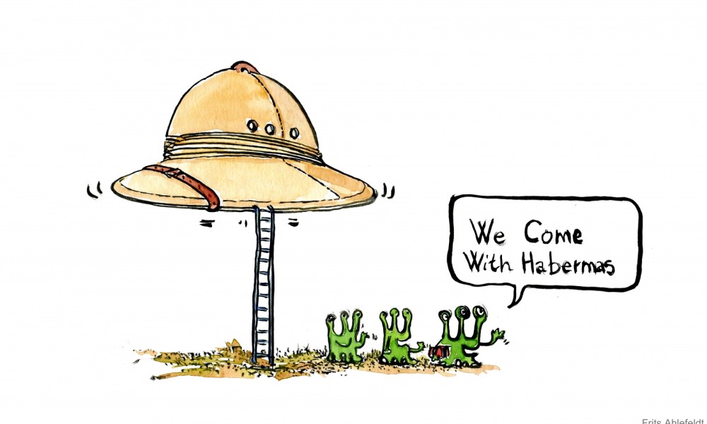 Drawing of mars men saying we come with Habermas