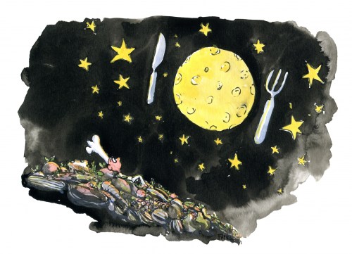 Drawing of a chief cook, looking up at the moon and stars, as a plate