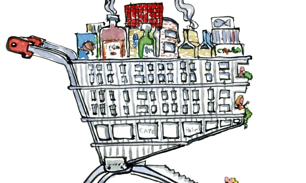 drawing of a town designed as a shopping trolley