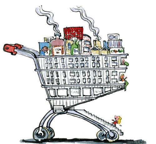 drawing of a town designed as a shopping trolley