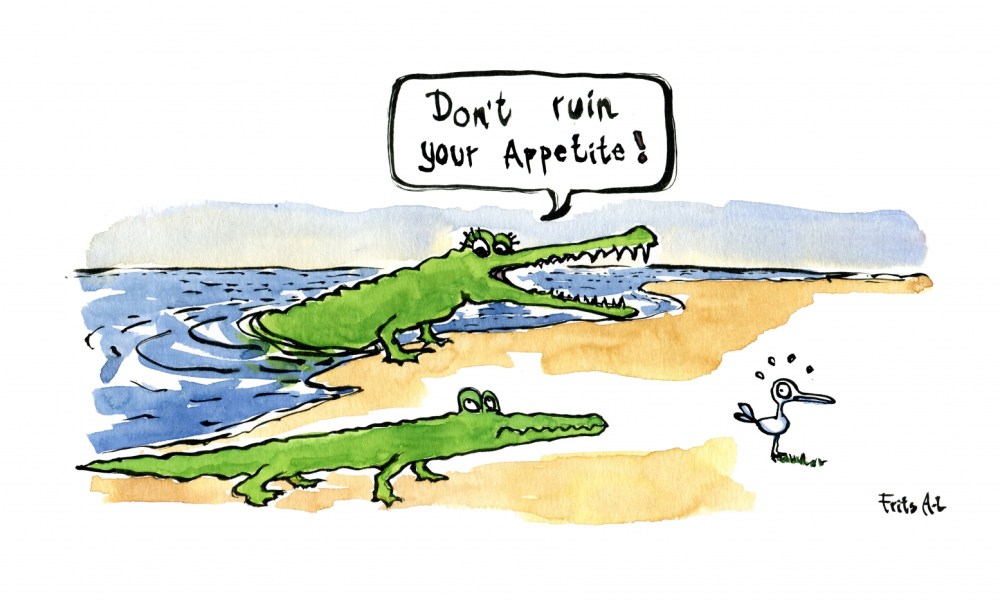 Drawing: Crocodile mum and kid looking at little bird, mum say, don't ruin your appetite