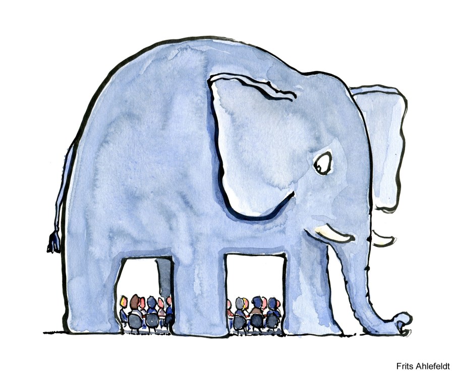 illustration of people sitting under an elephant