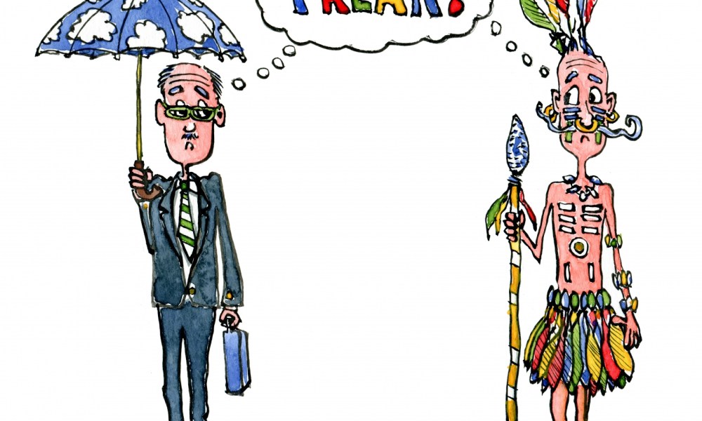 Drawing of an British Gentleman and an tribal chief meeting and thinking "freak"