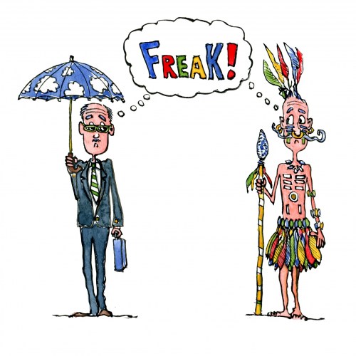 Drawing of an British Gentleman and an tribal chief meeting and thinking "freak"