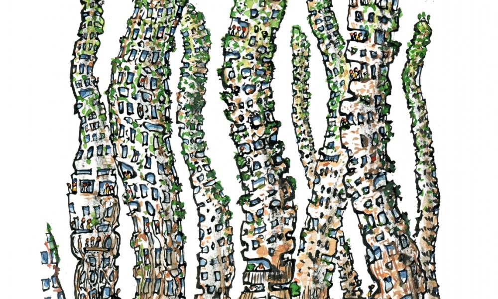 Drawing of a tall green organic building covered by plants