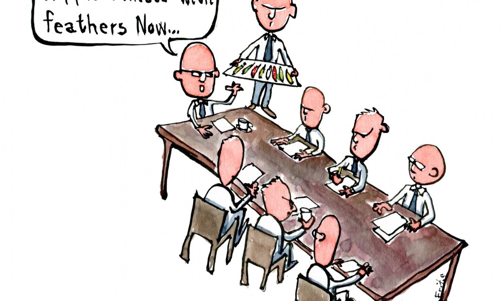 business meeting looking serious with the chairman saying lets take a hippie minute with feathers