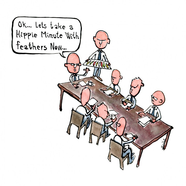 business meeting looking serious with the chairman saying lets take a hippie minute with feathers