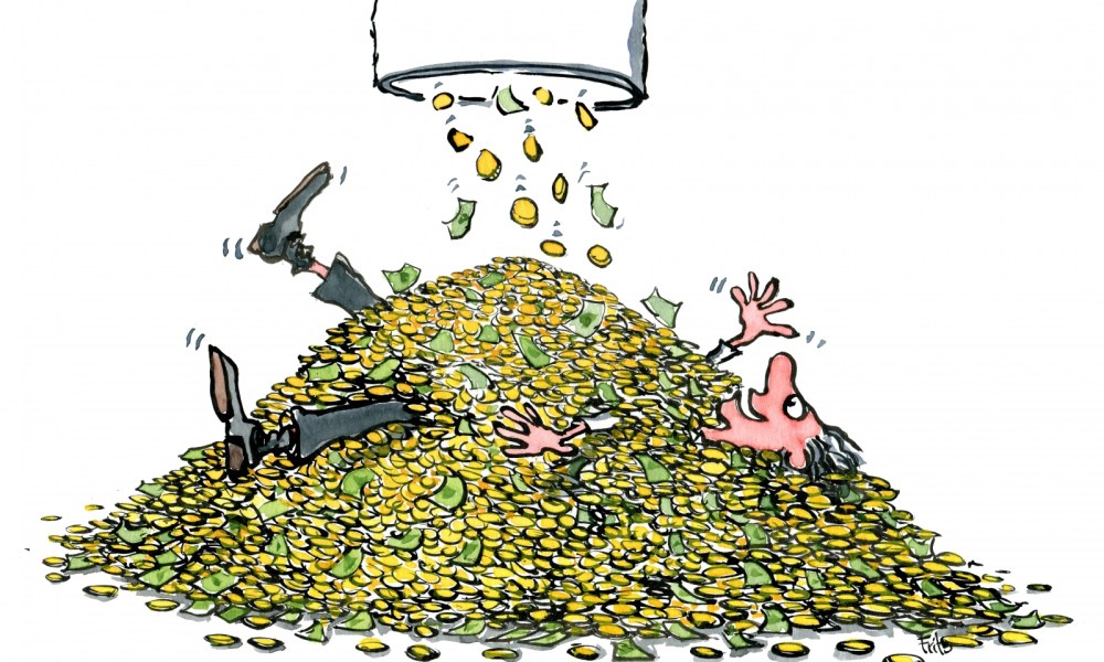 Man lying in coins, covered in money drawing