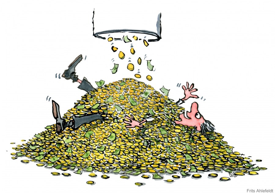 Man lying in coins, covered in money drawing