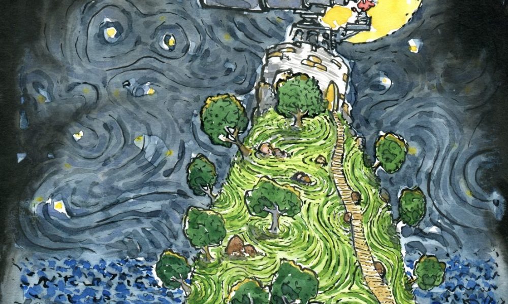 Old Astronomer looking at the stars from an small island