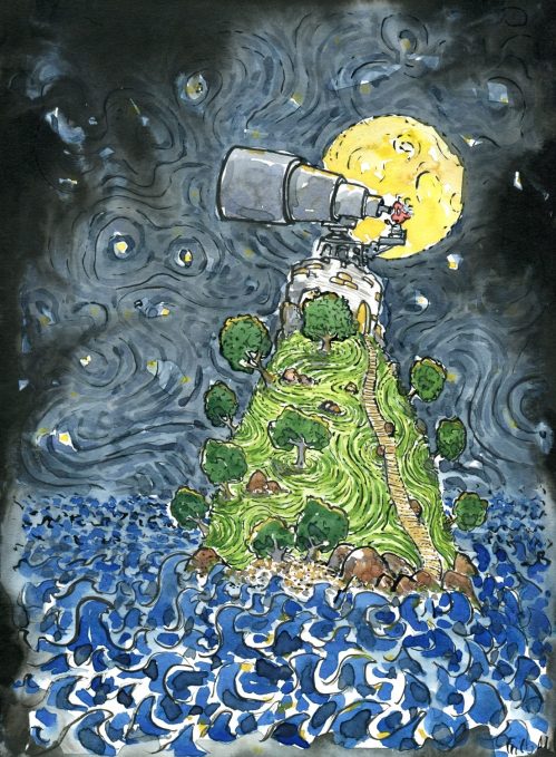 Old Astronomer looking at the stars from an small island