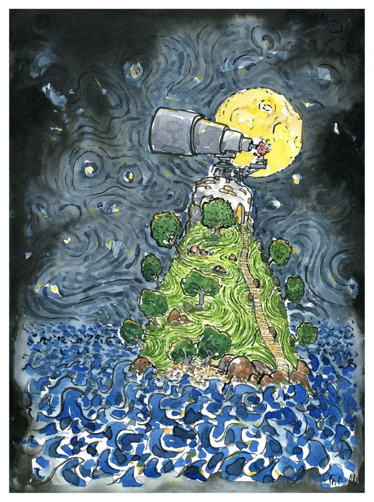 Old Astronomer looking at the stars from an small island