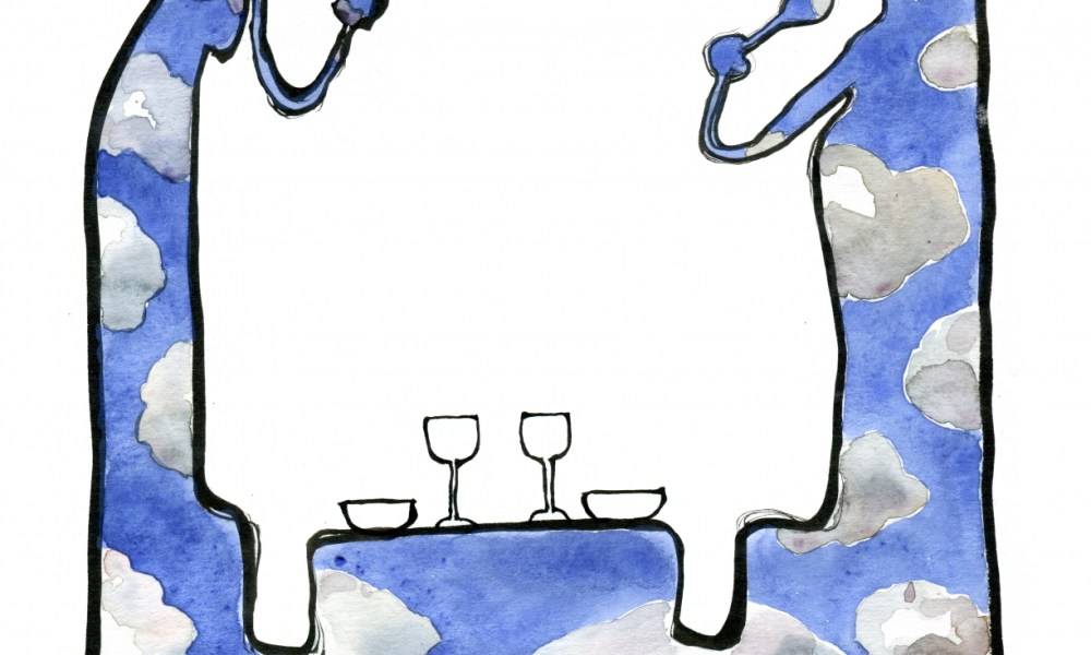 Drawing of a couple eating dinner drawing made of clouds