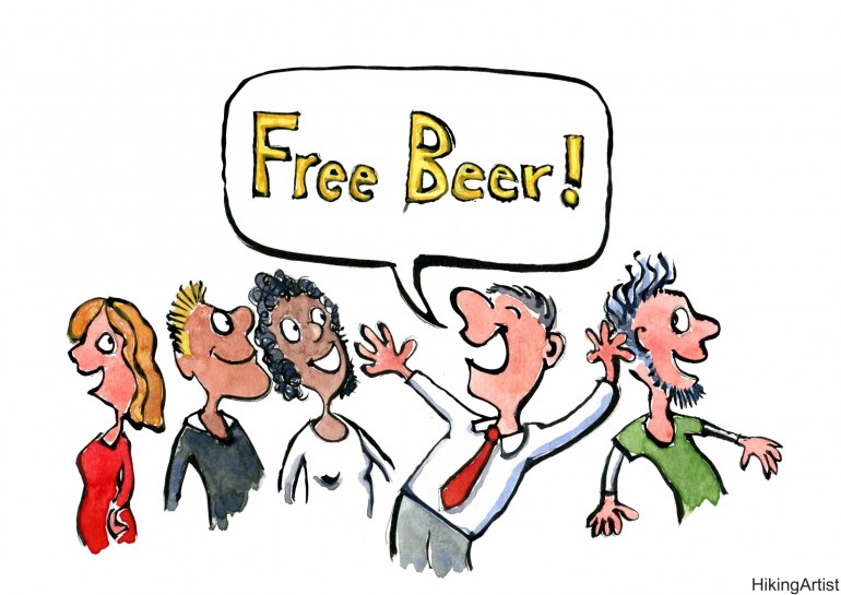 Man in a bar shouting free beer