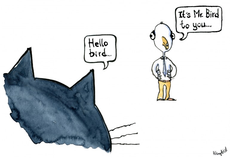 Drawing of a cat saying "hello bird" and the bird say "its mr. bird"