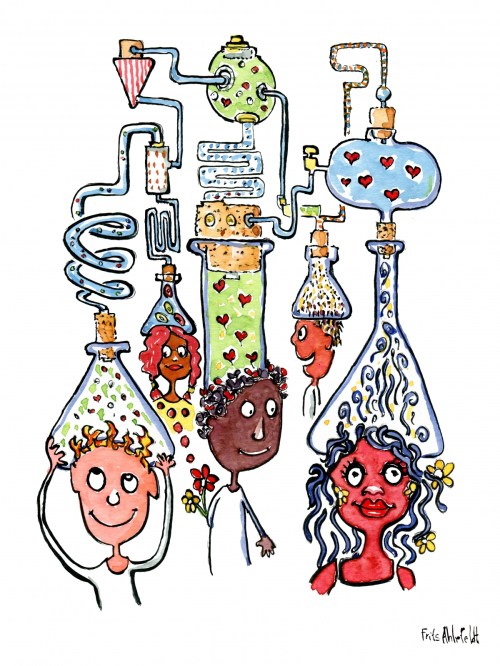 group of young people with hearts and chemical reactions on their heads