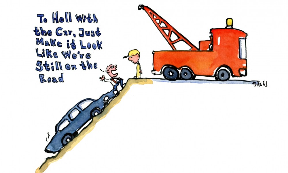 Wrecked car and a guy saying to hell with the car, just make it look like we are still on the road