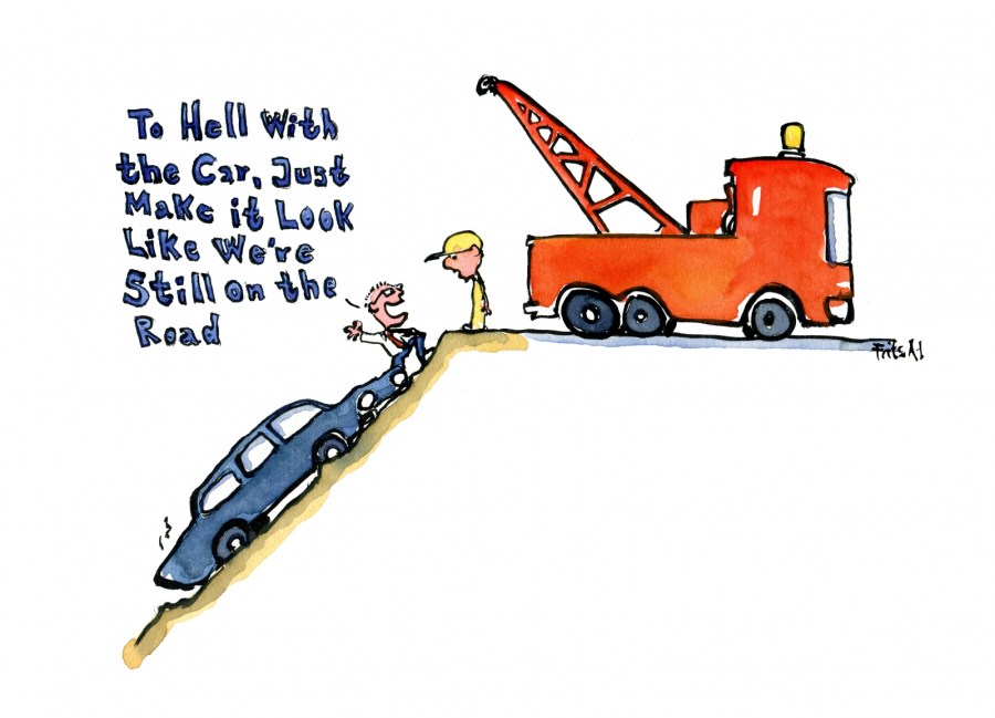 Wrecked car and a guy saying to hell with the car, just make it look like we are still on the road