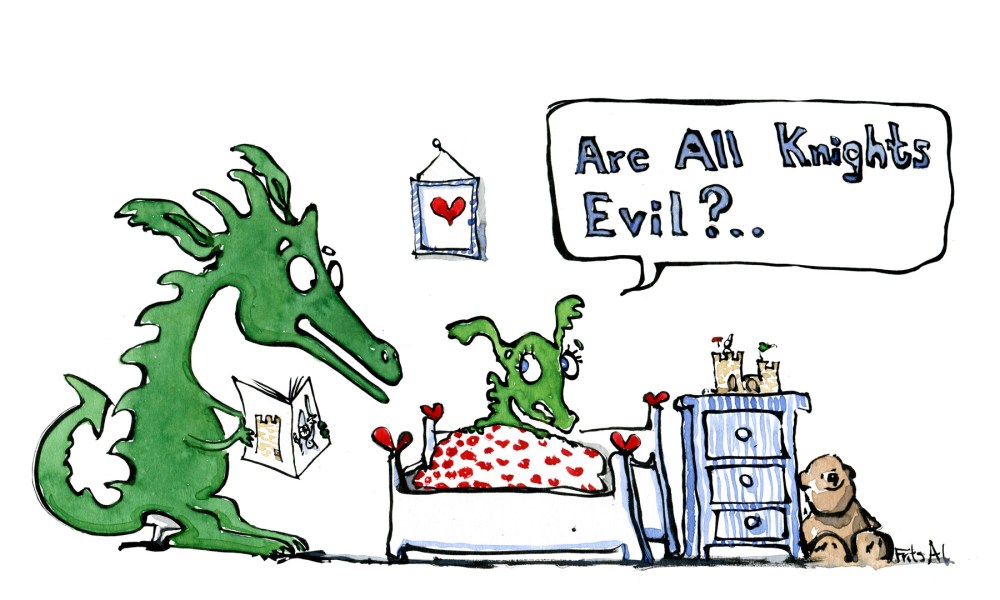 Drawing of a dragon reading a knight story to a little dragon, the little dragon asking if all knights are evil