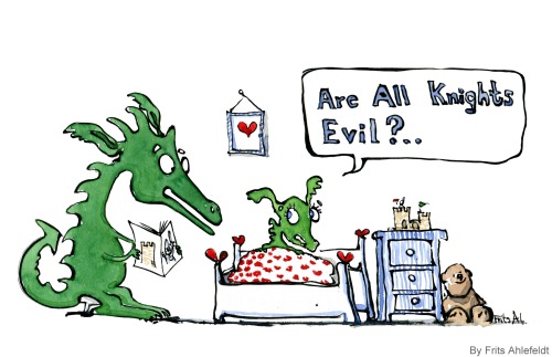 Drawing of a dragon reading a knight story to a little dragon, the little dragon asking if all knights are evil
