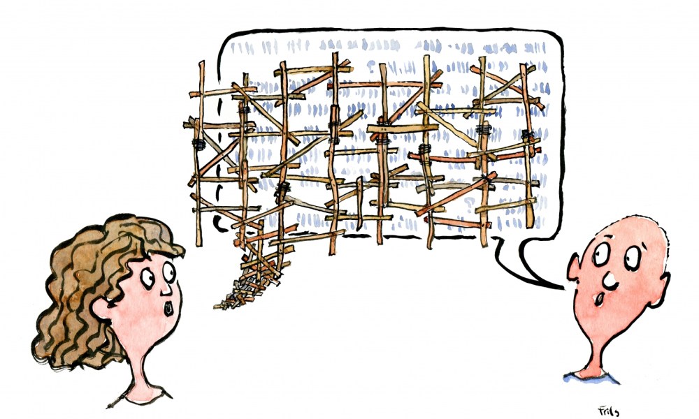 Dialogue bubble with scaffolding around it, man and woman talking