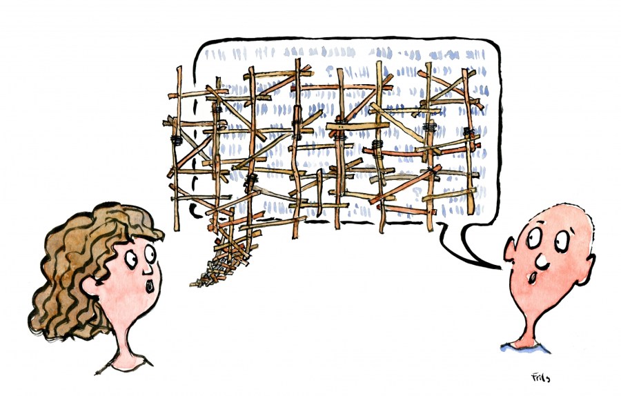 Dialogue bubble with scaffolding around it, man and woman talking
