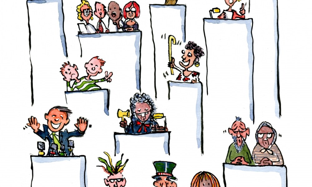Drawing of a lot of juries, experts and speakers all making themselves heard