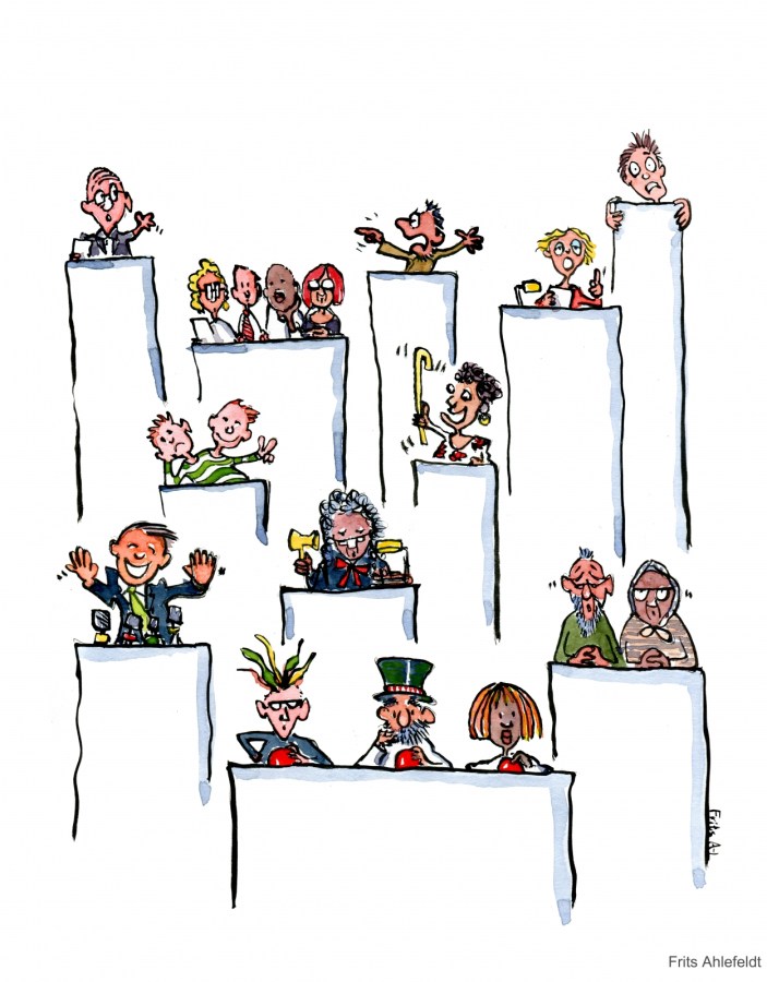 Drawing of a lot of juries, experts and speakers all making themselves heard