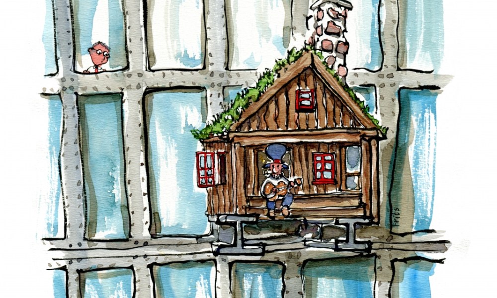 Drawing of a banjo player in a little cabin on the facade of a high rise officebuilding