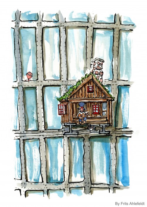 Drawing of a banjo player in a little cabin on the facade of a high rise officebuilding