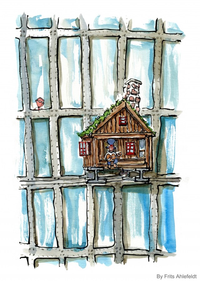 Drawing of a banjo player in a little cabin on the facade of a high rise officebuilding