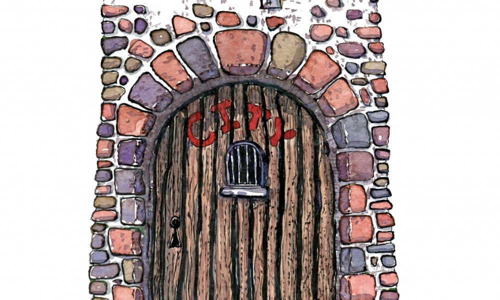 Drawing of a town behind a gated wall