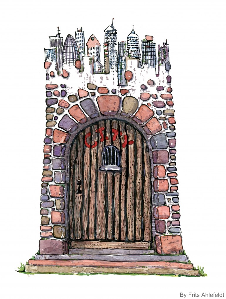 Drawing of a town behind a gated wall