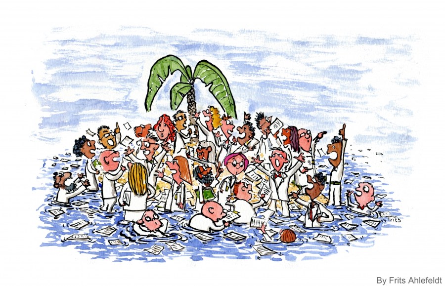Drawing of experts alone on an island, discussion reality and climate change