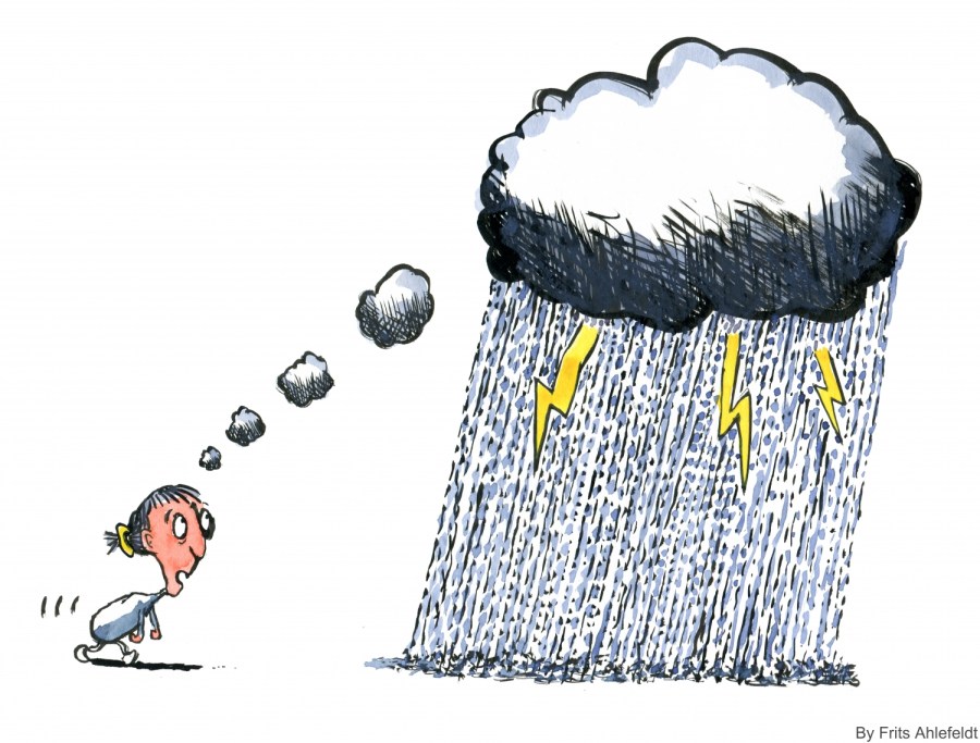 Drawing of a woman thinking up a rainy day with lightning