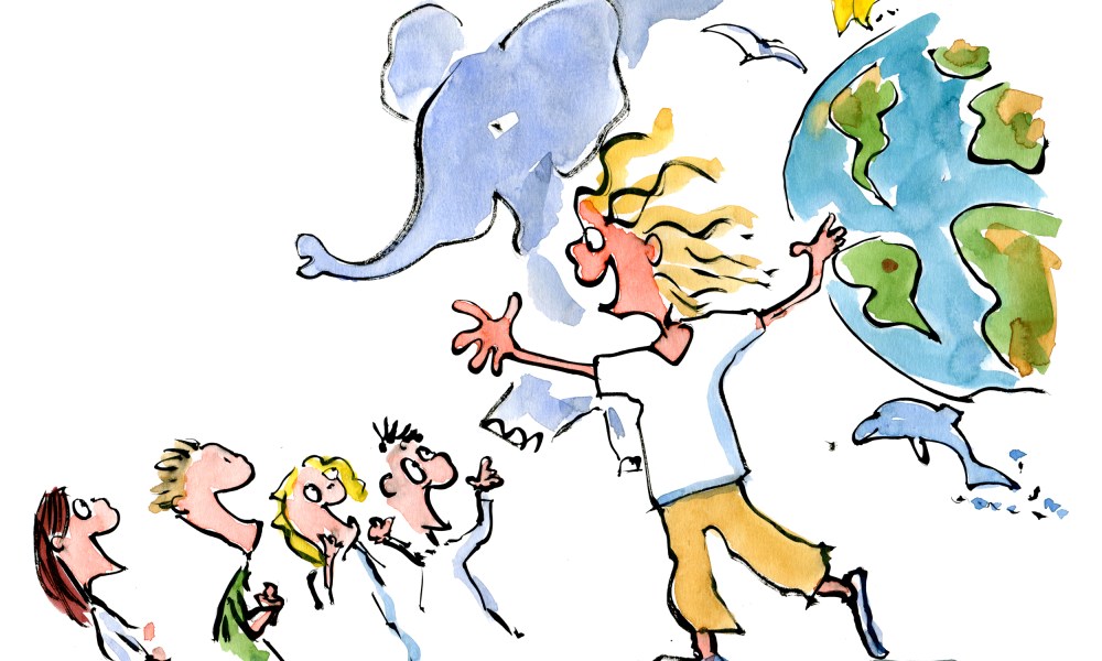 Drawing of a teacher using storytelling techniques to inspire the kids